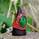 Handcrafted Genuine Vegetal Brown Leather Ring With Green Cat's Eye  Stone Setting-Size 9 Unisex Gift Fashion Jewelry Band