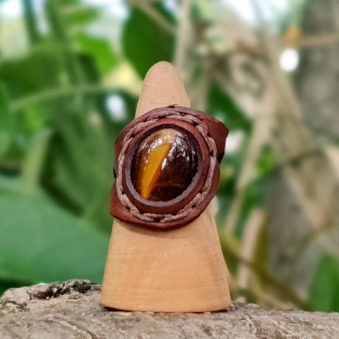 Handcrafted Genuine Vegetal Leather Ring With Tiger Eye Stone Setting-Unisex Gift Fashion Jewelery with Naturel Stone Size 10