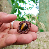Handcrafted Genuine Vegetal Leather Ring With Tiger Eye Stone Setting-Unisex Gift Fashion Jewelery with Naturel Stone Size 10