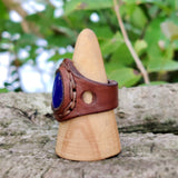 Handcrafted Genuine Vegetal Leather Ring with Blue Cat Eye Stone Setting-Size 11 Unique Unisex Gift Fashion Jewelry Band with Naturel Stone