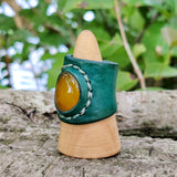 Unique Handcrafted Genuine Vegetal Green Leather Ring with Yellow Agate Stone-Size 9.5 Unisex Gift Fashion Jewelry Band with Natural Stone