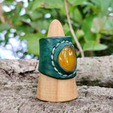 Unique Handcrafted Genuine Vegetal Green Leather Ring with Yellow Agate Stone-Size 9.5 Unisex Gift Fashion Jewelry Band with Natural Stone