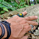 Unique Handcrafted Genuine Vegetal Green Leather Ring with Yellow Agate Stone-Size 9.5 Unisex Gift Fashion Jewelry Band with Natural Stone