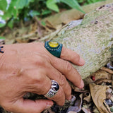 Unique Handcrafted Genuine Vegetal Green Leather Ring with Yellow Agate Stone-Size 9.5 Unisex Gift Fashion Jewelry Band with Natural Stone