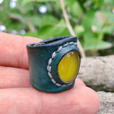 Unique Handcrafted Genuine Vegetal Green Leather Ring with Yellow Agate Stone-Size 9.5 Unisex Gift Fashion Jewelry Band with Natural Stone