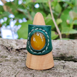 Unique Handcrafted Genuine Vegetal Green Leather Ring with Yellow Agate Stone-Size 9.5 Unisex Gift Fashion Jewelry Band with Natural Stone