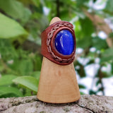 Handcrafted Genuine Vegetal Leather Ring with Blue Cat Eye Agate Stone Setting-Unisex Gift Fashion Jewelry with Naturel Stone Size 6
