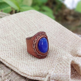 Handcrafted Genuine Vegetal Leather Ring with Blue Cat Eye Agate Stone Setting-Unisex Gift Fashion Jewelry with Naturel Stone Size 6