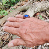 Handcrafted Genuine Vegetal Leather Ring with Blue Cat Eye Agate Stone Setting-Unisex Gift Fashion Jewelry with Naturel Stone Size 6