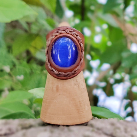 Handcrafted Genuine Vegetal Leather Ring with Blue Cat Eye Agate Stone Setting-Unisex Gift Fashion Jewelry with Naturel Stone Size 6