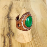 Handcrafted Genuine Vegetal Brown Leather Ring with  Green Agate Stone-Unisex Fashion Jewelry Band with Naturel Stone