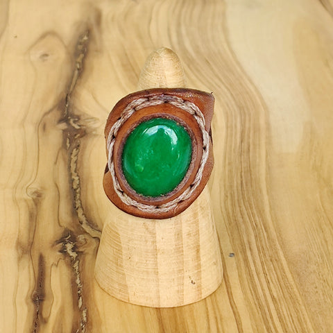 Handcrafted Genuine Vegetal Brown Leather Ring with  Green Agate Stone-Unisex Fashion Jewelry Band with Naturel Stone