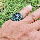 Unique Handcrafted Green Brown Leather Ring with Black Agate Stone Setting-Size 9 Unisex  Gift Fashion Jewelry Band with Naturel Stone