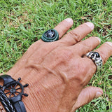 Unique Handcrafted Green Brown Leather Ring with Black Agate Stone Setting-Size 9 Unisex  Gift Fashion Jewelry Band with Naturel Stone