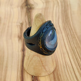 Handcrafted Genuine Vegetal Black Leather Ring with Gray Agate Stone Setting-Unisex Gift Fashion Jewelry Band with Natural Stone