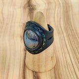 Handcrafted Genuine Vegetal Black Leather Ring with Gray Agate Stone Setting-Unisex Gift Fashion Jewelry Band with Natural Stone
