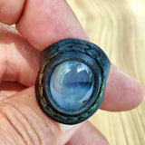 Handcrafted Genuine Vegetal Black Leather Ring with Gray Agate Stone Setting-Unisex Gift Fashion Jewelry Band with Natural Stone