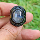Handcrafted Genuine Vegetal Black Leather Ring with Gray Agate Stone Setting-Unisex Gift Fashion Jewelry Band with Natural Stone