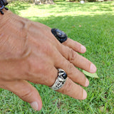 Handcrafted Genuine Vegetal Black Leather Ring with Gray Agate Stone Setting-Unisex Gift Fashion Jewelry Band with Natural Stone