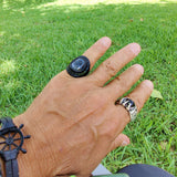 Handcrafted Genuine Vegetal Black Leather Ring with Gray Agate Stone Setting-Unisex Gift Fashion Jewelry Band with Natural Stone