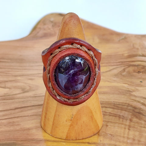 Handcrafted Genuine Vegetal Brown Leather Ring With Purple Agate Stone Setting-Unisex Gift Fashion Jewelry with Natural Stone