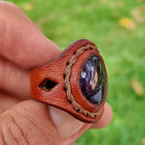 Handcrafted Genuine Vegetal Brown Leather Ring With Purple Agate Stone Setting-Unisex Gift Fashion Jewelry with Natural Stone