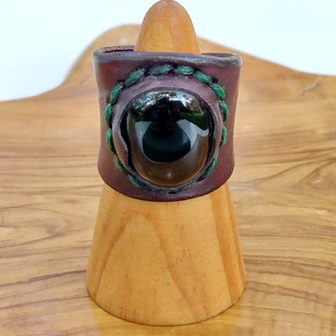 Handcrafted Brown Leather Ring with Black Agate Stone Setting-Fashion Jewelery-Unisex Gift Handmade Ring-Size 10