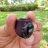 Handcrafted Brown Leather Ring with Black Agate Stone Setting-Fashion Jewelery-Unisex Gift Handmade Ring-Size 10