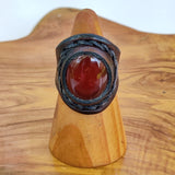 Unique Handcrafted Vegetal Brown Leather Ring with Red Agate Stone Setting-Unisex Gift Fashion Jewelry Band with Naturel Stone