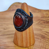 Unique Handcrafted Vegetal Brown Leather Ring with Red Agate Stone Setting-Unisex Gift Fashion Jewelry Band with Naturel Stone