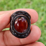 Unique Handcrafted Vegetal Brown Leather Ring with Red Agate Stone Setting-Unisex Gift Fashion Jewelry Band with Naturel Stone