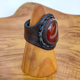 Unique Handcrafted Vegetal Brown Leather Ring with Red Agate Stone Setting-Unisex Gift Fashion Jewelry Band with Naturel Stone