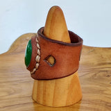 Life Style Handcrafted Genuine Vegetal Brown Leather Ring with Green Agate Stone-Unisex Gift Fashion Jewelry Band with Naturel Stone