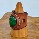 Life Style Handcrafted Genuine Vegetal Brown Leather Ring with Green Agate Stone-Unisex Gift Fashion Jewelry Band with Naturel Stone