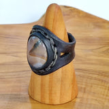 Life Style Handcrafted Genuine Vegetal Black Leather Ring with Brown Agate Stone -Unisex Gift Fashion Jewelry Band with Naturel Stone