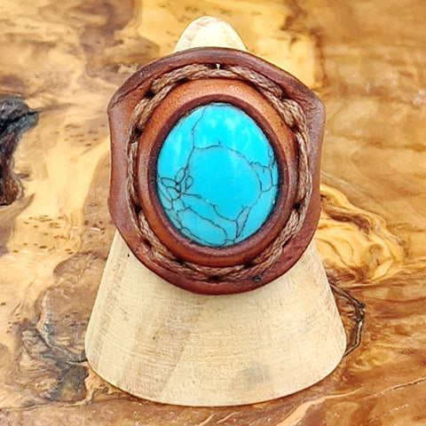 Lifestyle Handcrafted Vegetal Leather Ring with Firuze Stone Setting-Unisex Gift Fashion Jewelry Band with Naturel Stone