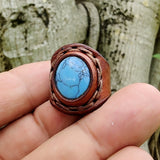 Lifestyle Handcrafted Vegetal Leather Ring with Firuze Stone Setting-Unisex Gift Fashion Jewelry Band with Naturel Stone