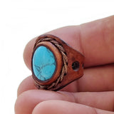 Unique Handcrafted Vegetal Brown Leather Ring with Firuze Stone Setting-Unisex Gift Fashion Jewelry Band with Naturel Stone