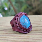 Handcrafted Vegetal Leather Ring with Firuze Stone Setting-Unique Unisex Gift Fashion Jewelry with Naturel Stone