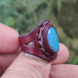 Handcrafted Vegetal Leather Ring with Firuze Stone Setting-Unique Unisex Gift Fashion Jewelry with Naturel Stone