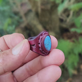 Handcrafted Vegetal Leather Ring with Firuze Stone Setting-Unique Unisex Gift Fashion Jewelry with Naturel Stone