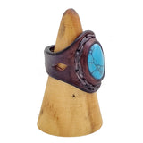 Unique Handcrafted Vegetal Brown Leather Ring with Firuze Stone Setting-Size 8.5 Unisex Gift Fashion Jewelry with Naturel Stone