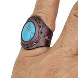 Unique Handcrafted Vegetal Brown Leather Ring with Firuze Stone Setting-Size 8.5 Unisex Gift Fashion Jewelry with Naturel Stone