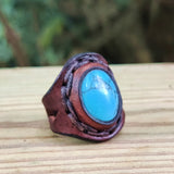 Unique Handcrafted Vegetal Brown Leather Ring with Firuze Stone Setting-Size 8.5 Unisex Gift Fashion Jewelry with Naturel Stone