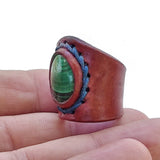 Handcrafted Genuine Vegetal Brown Leather Ring with Malachite Agate Stone Setting-Size 8 Unique Unisex Gift Fashion Jewelry Ring Band