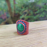 Handcrafted Genuine Vegetal Brown Leather Ring with Malachite Agate Stone Setting-Size 8 Unique Unisex Gift Fashion Jewelry Ring Band