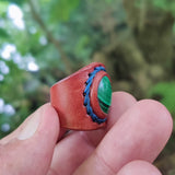 Handcrafted Genuine Vegetal Brown Leather Ring with Malachite Agate Stone Setting-Size 8 Unique Unisex Gift Fashion Jewelry Ring Band