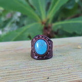 Handcrafted Vegetal Leather Ring with Firuze Stone Setting-Unique Unisex Gift Fashion Jewelry with Naturel Stone