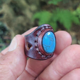 Handcrafted Vegetal Leather Ring with Firuze Stone Setting-Unique Unisex Gift Fashion Jewelry with Naturel Stone