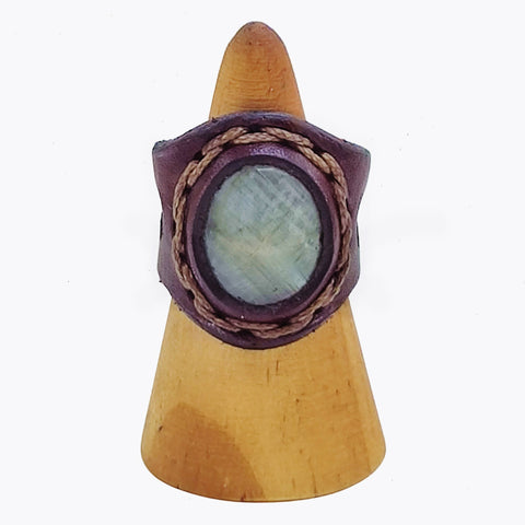 Handcrafted Vegetal Leather Ring with Gray Agate Stone Setting-Unique Unisex Gift Fashion Jewelry Band with Naturel Stone